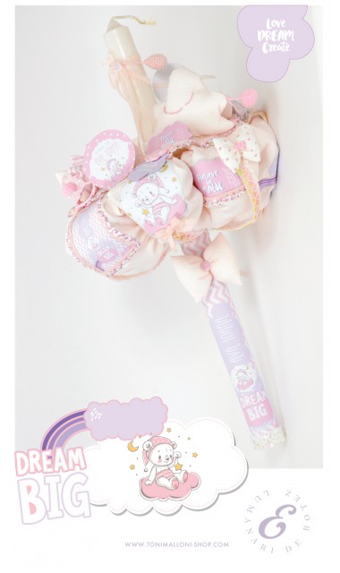 Lumanare botez pentru fetite cu ursuleti roz si norisori pufosi, 65x4 cm, Dream big little girl  2